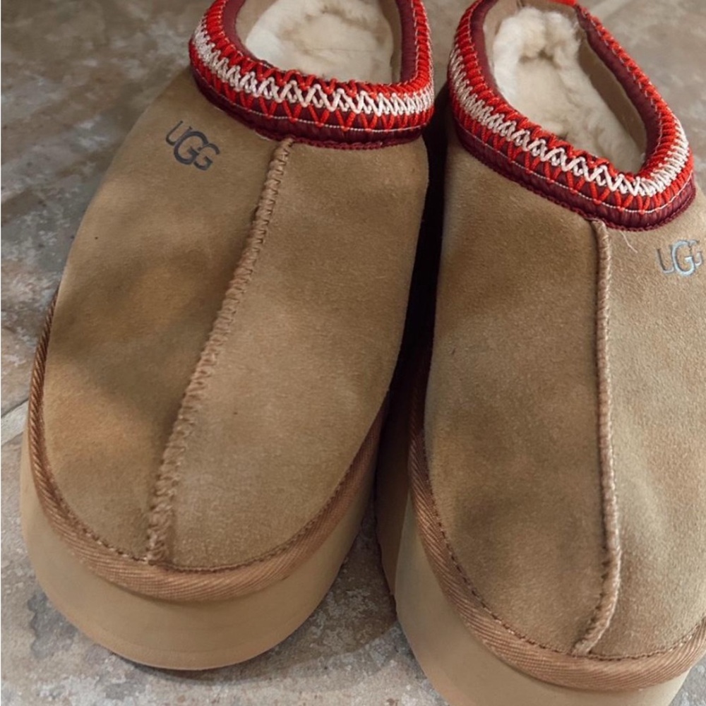UGG Brown Suede Slippers with Red Accents
